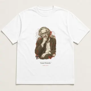 Front of a white tee carrying the light academia Noam Chomsky design
