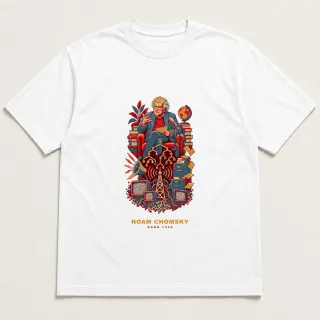 Front of a white tee with a four-color pixel-art design for Noam Chomsky