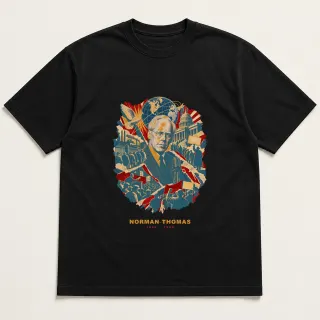 Front of a black tee with a three-color mixed-media design for Norman Thomas