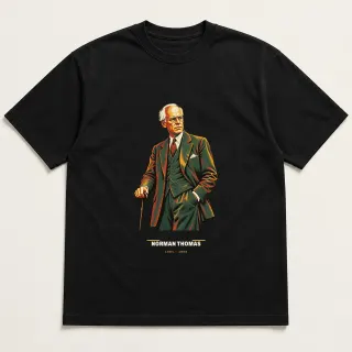 Front of a black tee carrying the mid-century Norman Thomas design