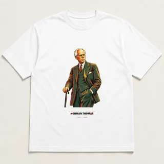 Front of a white tee carrying the mid-century Norman Thomas design