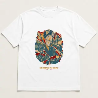 Front of a white tee with a three-color mixed-media design for Norman Thomas
