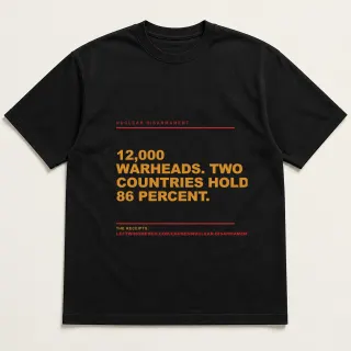 Front of a black tee reading "12,000 warheads. Two countries hold 86 percent." with the Nuclear Disarmament page address printed under it