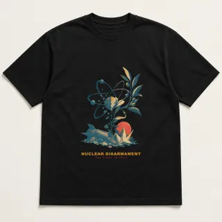 Front of a black tee with a three-color mixed-media design for Nuclear Disarmament