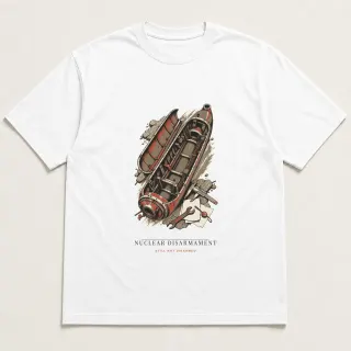 Front of a white tee carrying the wabi sabi Nuclear Disarmament design