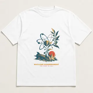 Front of a white tee with a three-color mixed-media design for Nuclear Disarmament