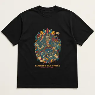 Front of a black tee with a four-color pixel-art design for Paterson Silk Strike