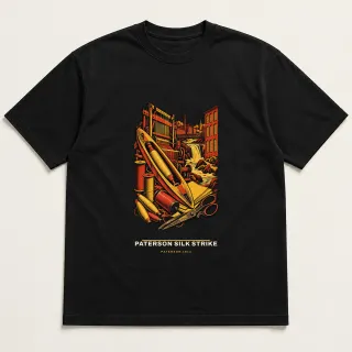 Front of a black tee carrying the civic modern Paterson Silk Strike design