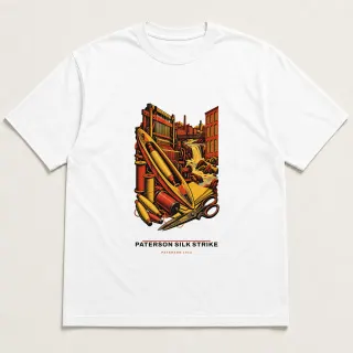 Front of a white tee carrying the civic modern Paterson Silk Strike design
