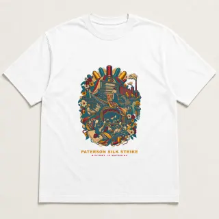 Front of a white tee with a four-color pixel-art design for Paterson Silk Strike