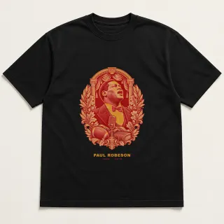 Front of a black tee with a two-color engraved design for Paul Robeson