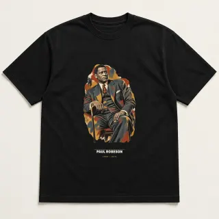 Front of a black tee carrying the mixed media Paul Robeson design
