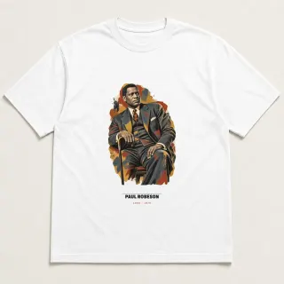 Front of a white tee carrying the mixed media Paul Robeson design