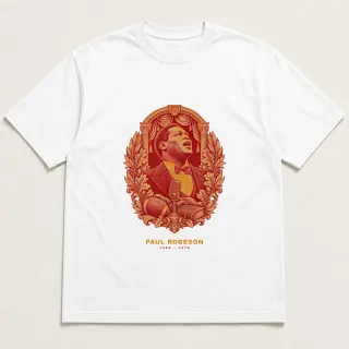 Front of a white tee with a two-color engraved design for Paul Robeson