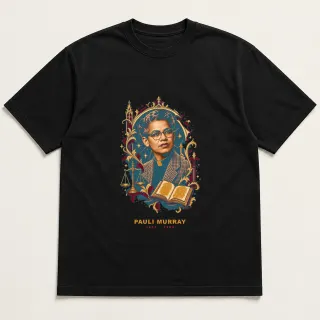 Front of a black tee with a four-color pixel-art design for Pauli Murray