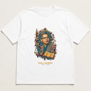 Front of a white tee with a four-color pixel-art design for Pauli Murray