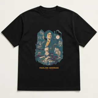 Front of a black tee with a two-color engraved design for Pauline Newman