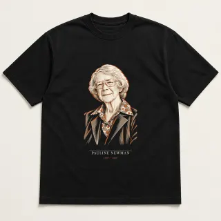 Front of a black tee carrying the neoclassical Pauline Newman design