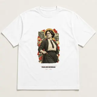 Front of a white tee carrying the scrapbook Pauline Newman design