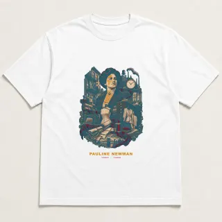 Front of a white tee with a two-color engraved design for Pauline Newman