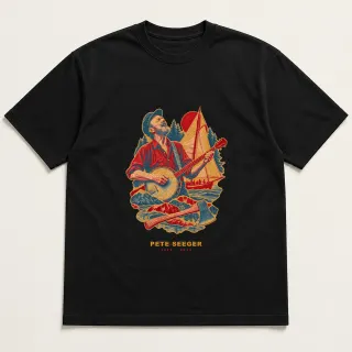 Front of a black tee with a three-color mixed-media design for Pete Seeger
