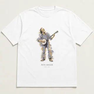 Front of a white tee carrying the marble mist Pete Seeger design