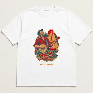 Front of a white tee with a three-color mixed-media design for Pete Seeger