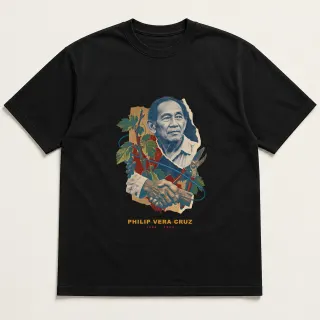 Front of a black tee with a three-color mixed-media design for Philip Vera Cruz