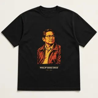 Front of a black tee carrying the civic modern Philip Vera Cruz design