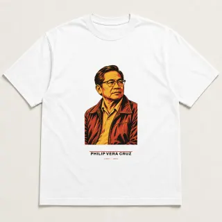 Front of a white tee carrying the civic modern Philip Vera Cruz design