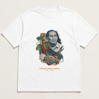 Front of a white tee with a three-color mixed-media design for Philip Vera Cruz