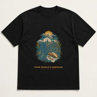 Front of a black tee with a two-color engraved design for Poor People's Campaign