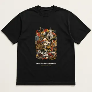 Front of a black tee carrying the mixed media Poor People's Campaign design