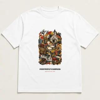 Front of a white tee carrying the mixed media Poor People's Campaign design