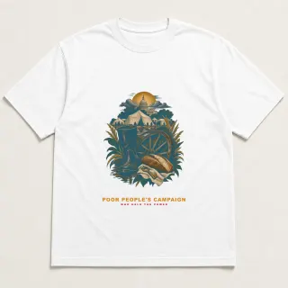Front of a white tee with a two-color engraved design for Poor People's Campaign