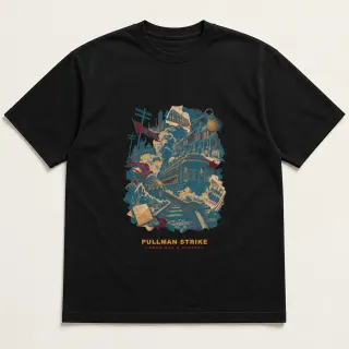 Front of a black tee with a three-color mixed-media design for Pullman Strike