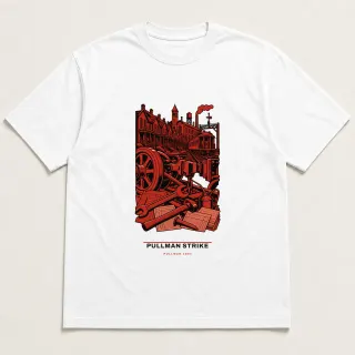 Front of a white tee carrying the utilitarian Pullman Strike design