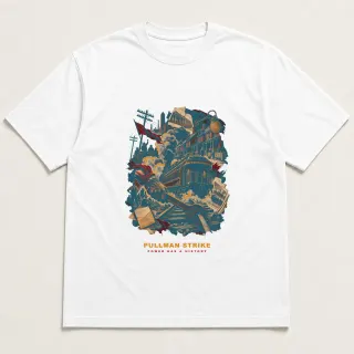 Front of a white tee with a three-color mixed-media design for Pullman Strike