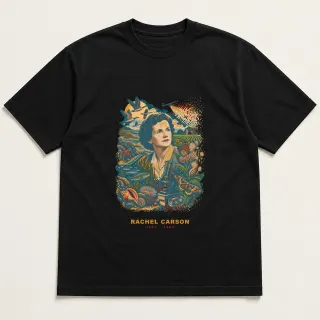 Front of a black tee with a four-color pixel-art design for Rachel Carson