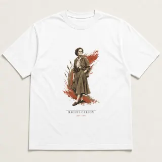 Front of a white tee carrying the wabi sabi Rachel Carson design