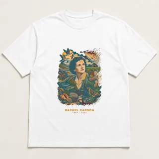 Front of a white tee with a four-color pixel-art design for Rachel Carson