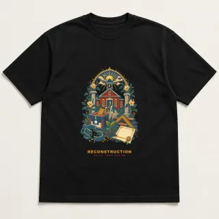 Front of a black tee with a four-color pixel-art design for Reconstruction