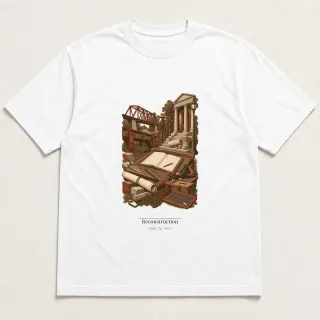 Front of a white tee carrying the light academia Reconstruction design