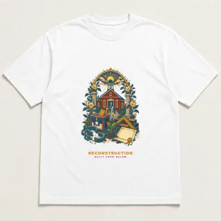 Front of a white tee with a four-color pixel-art design for Reconstruction