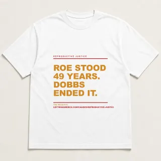 Front of a white tee reading "Roe stood 49 years. Dobbs ended it." with the Reproductive Justice page address printed under it