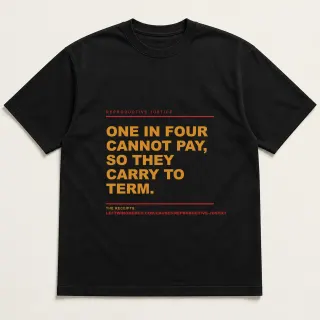 Front of a black tee reading "One in four cannot pay, so they carry to term." with the Reproductive Justice page address printed under it