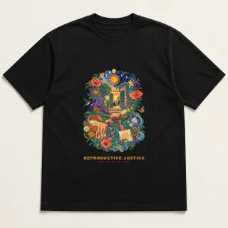 Front of a black tee with a two-color engraved design for Reproductive Justice