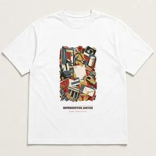 Front of a white tee carrying the archive collage Reproductive Justice design