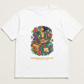 Front of a white tee with a two-color engraved design for Reproductive Justice