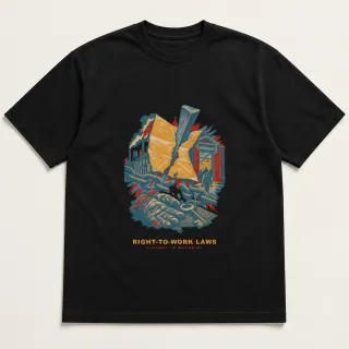 Front of a black tee with a three-color mixed-media design for Right-to-Work Laws
